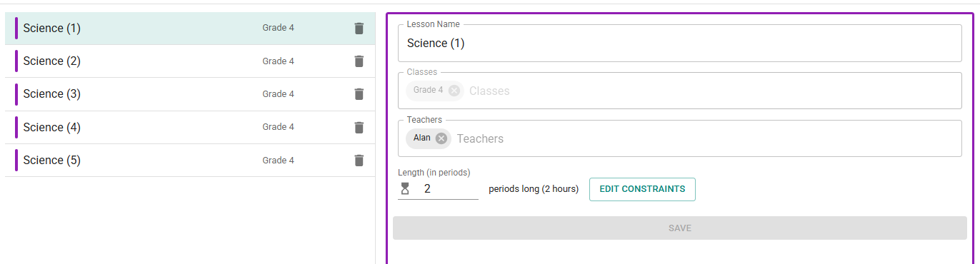 Lessons view